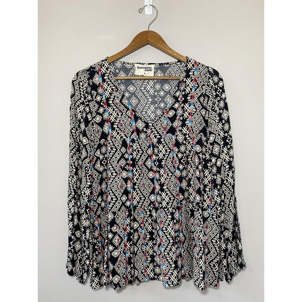 Savanna Jane Long Sleeve Top Women MEDIUM Embroidered V-Neck Boho Peasant Blouse